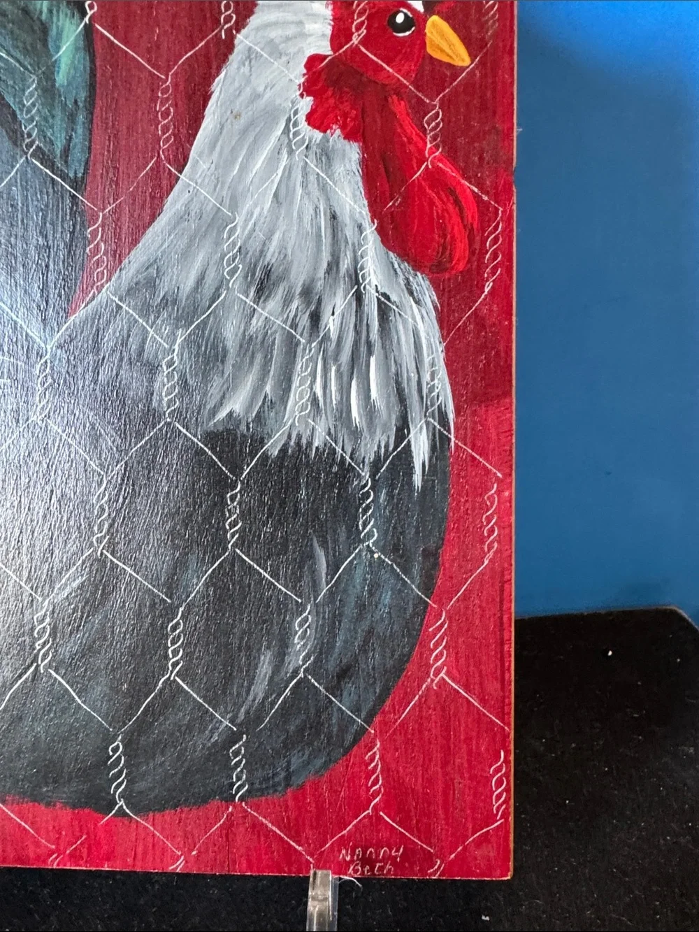 Hand-Painted Rooster cutting board Folk Art- Red, Black, White by Nanny Beth